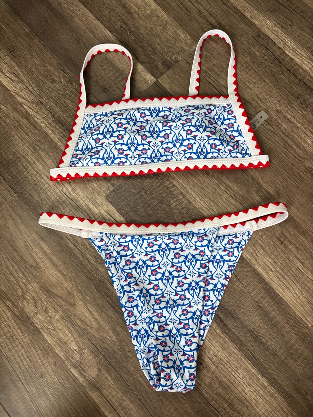 SHEIN Blue & White Floral Bikini with Red Trim women cute, USA, trendy